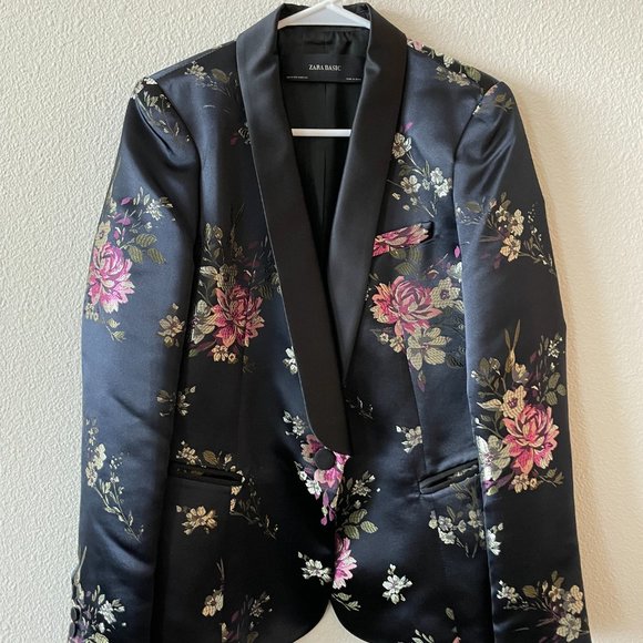 ZARA Women Flora Embroidered Blazer Jacket Satin Black | Made in Spain - Picture 1 of 6